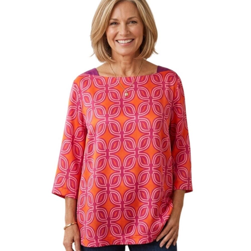 Coldwater Creek NEW Satin LaPlaya Top Womens Size 1X Coral Purple Geo Print